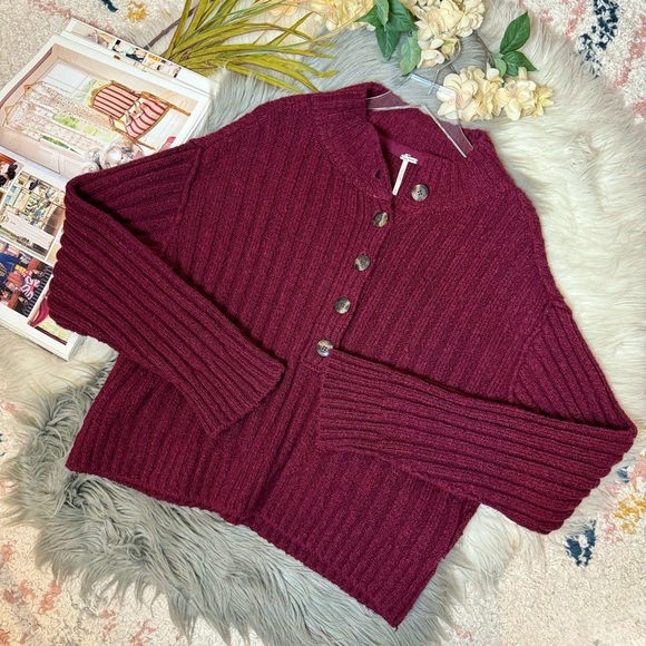 Free People Burgundy Ribbed Chunky Women’s Popover Oversized Henley Sweater Sz M - Picture 13 of 13